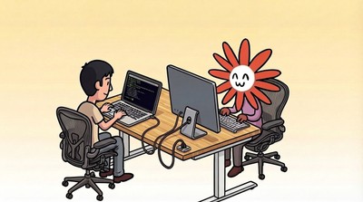 Illustration of a developer and Claude character sitting at a shared desk. Claude is working on an external monitor, connected to the user's laptop.