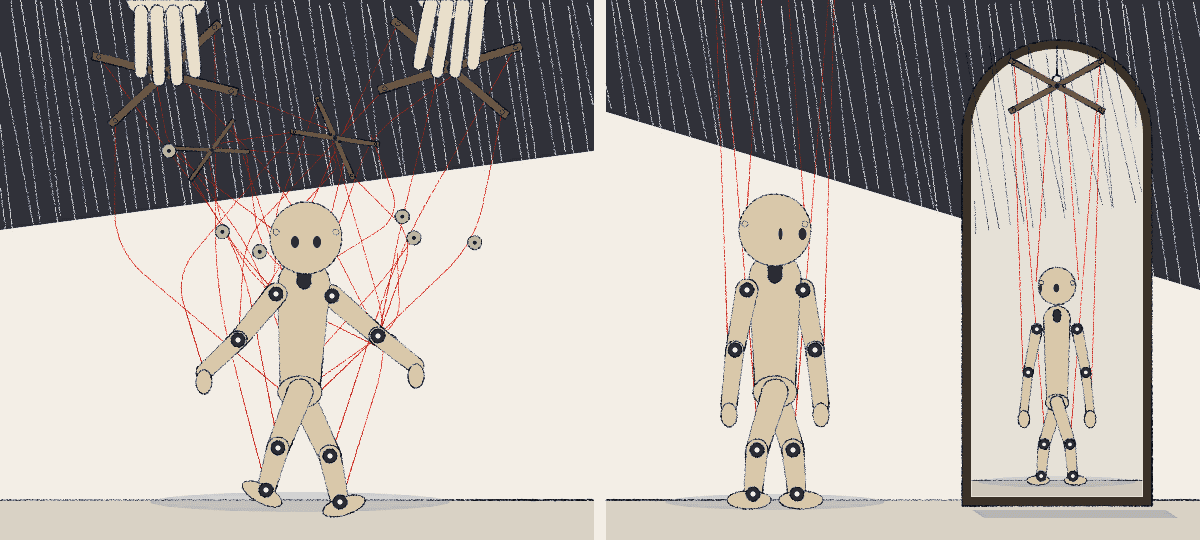 Two marionettes: one hanging from a tangle of controls held by hidden hands, the other standing at a mirror that shows its single control bar hanging from a hook