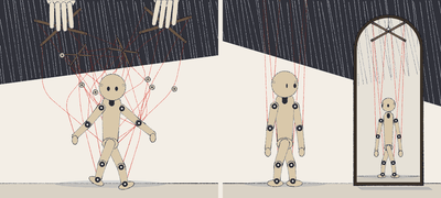 Two marionettes: one hanging from a tangle of controls held by hidden hands, the other standing at a mirror that shows its single control bar hanging from a hook