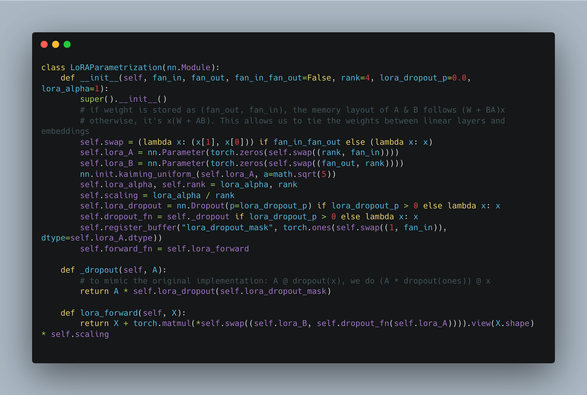Code snippet showing minLoRA implementation - minimal LoRA library in 200 lines of code