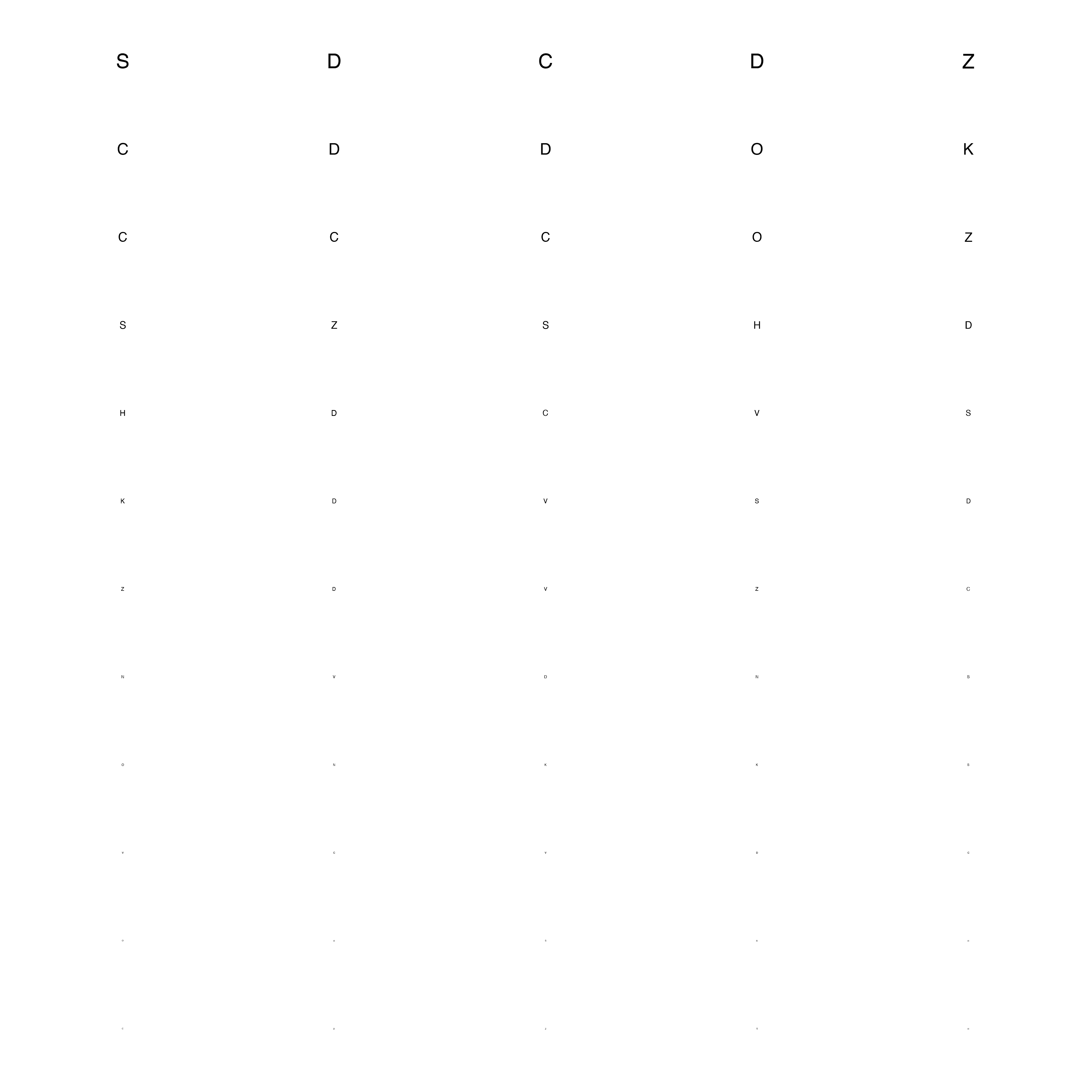 Visual acuity test chart with letters of decreasing size for AI model evaluation